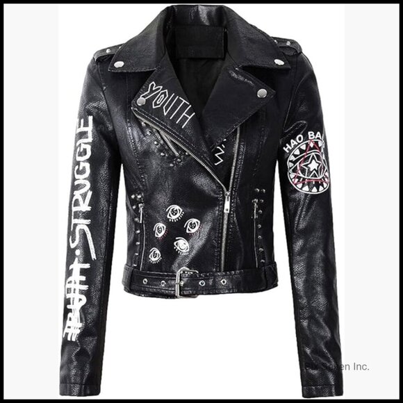 Jackets & Blazers - Faux Leather Punk Biker Jacket with Belt and Rivet Decoration